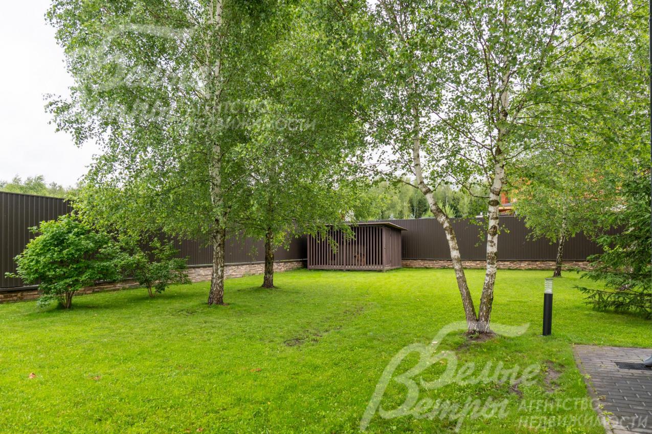 На участке высажен ровный газон, растут берёзы