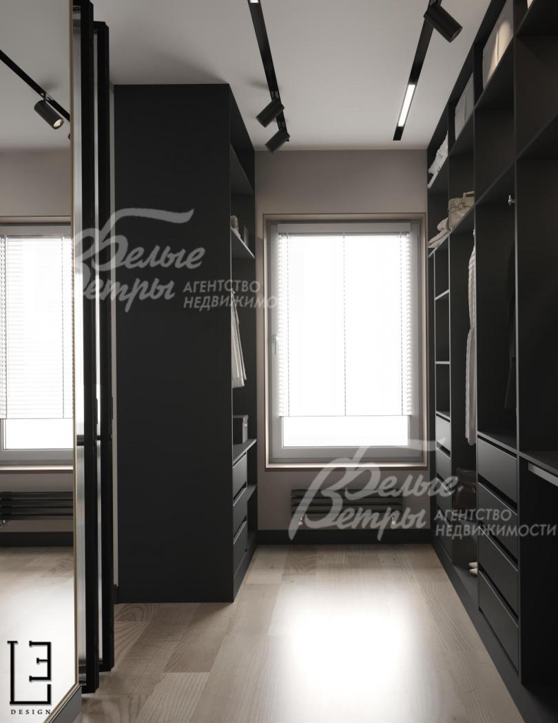 Визуализация дизайн проекта 2-го этажа: гардеробная мастер-спальни с окном