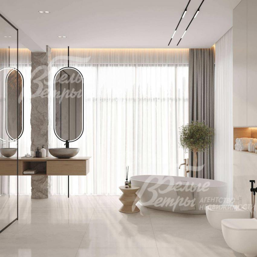Визуализация: в санузле предусмотрены ванна, душевая кабина, биде, 2 раковины