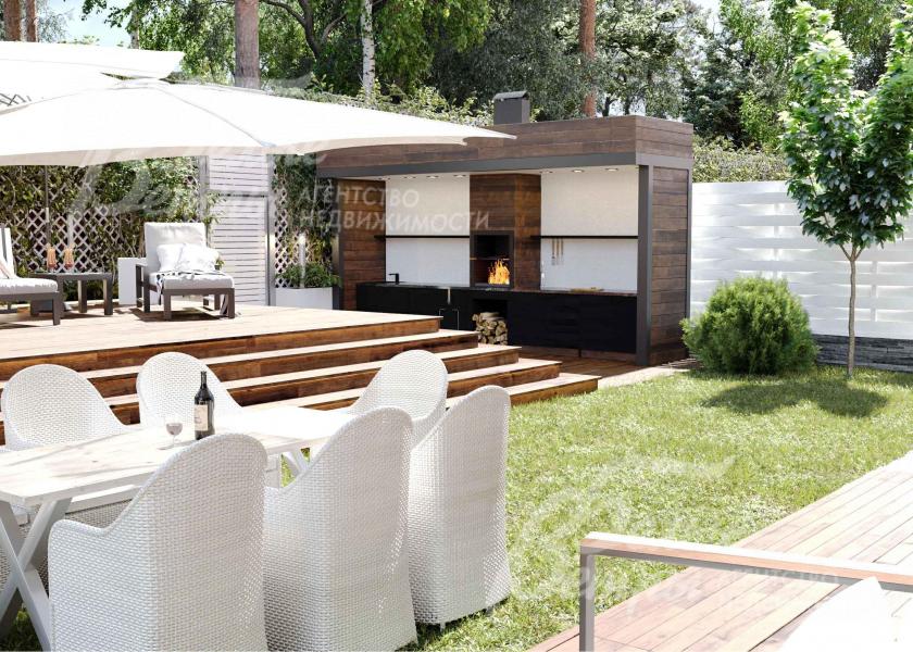 Визуализация: возможное оформления участка с террасой-подиумом и зоной барбекю