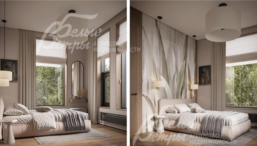 Визуализация дизайн-проекта 1-го этажа: комфортная спальня с большими окнами