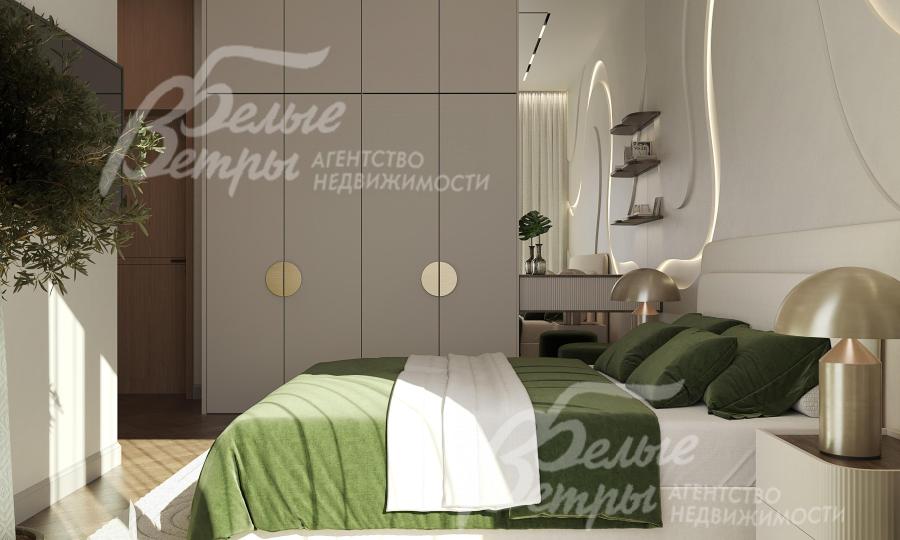 Рендер. Второй вариант отделки мастер-спальни. Конфигурация комнаты позволяет установить вместительный шкаф и выделить место под туалетный столик