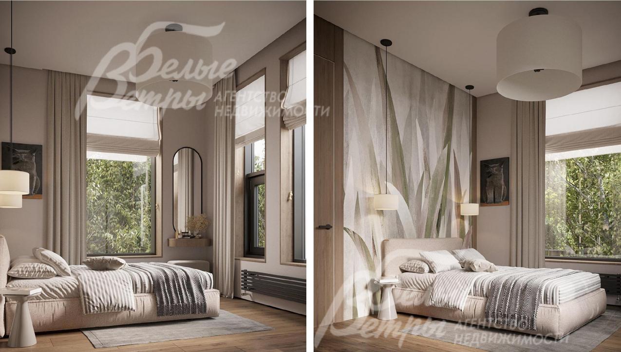 Визуализация дизайн-проекта 1-го этажа: комфортная спальня с большими окнами