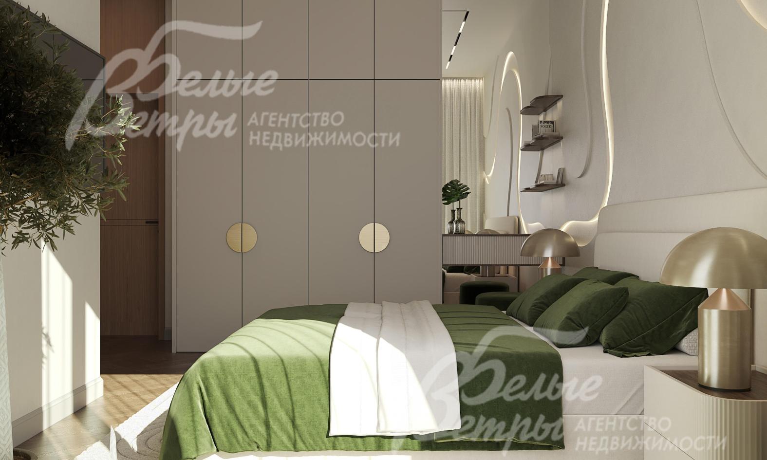 Рендер. Второй вариант отделки мастер-спальни. Конфигурация комнаты позволяет установить вместительный шкаф и выделить место под туалетный столик