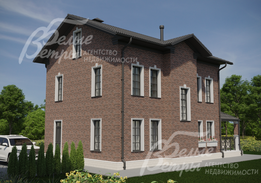 Фасад дома облицован керамическим кирпичом, что придаёт дому благородный и респектабельный облик