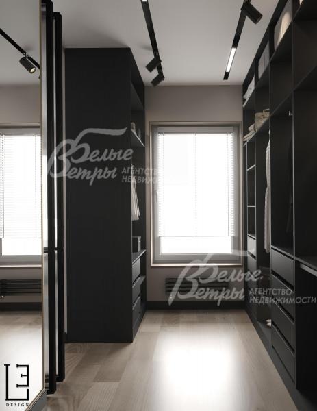 Визуализация дизайн проекта 2-го этажа: гардеробная мастер-спальни с окном