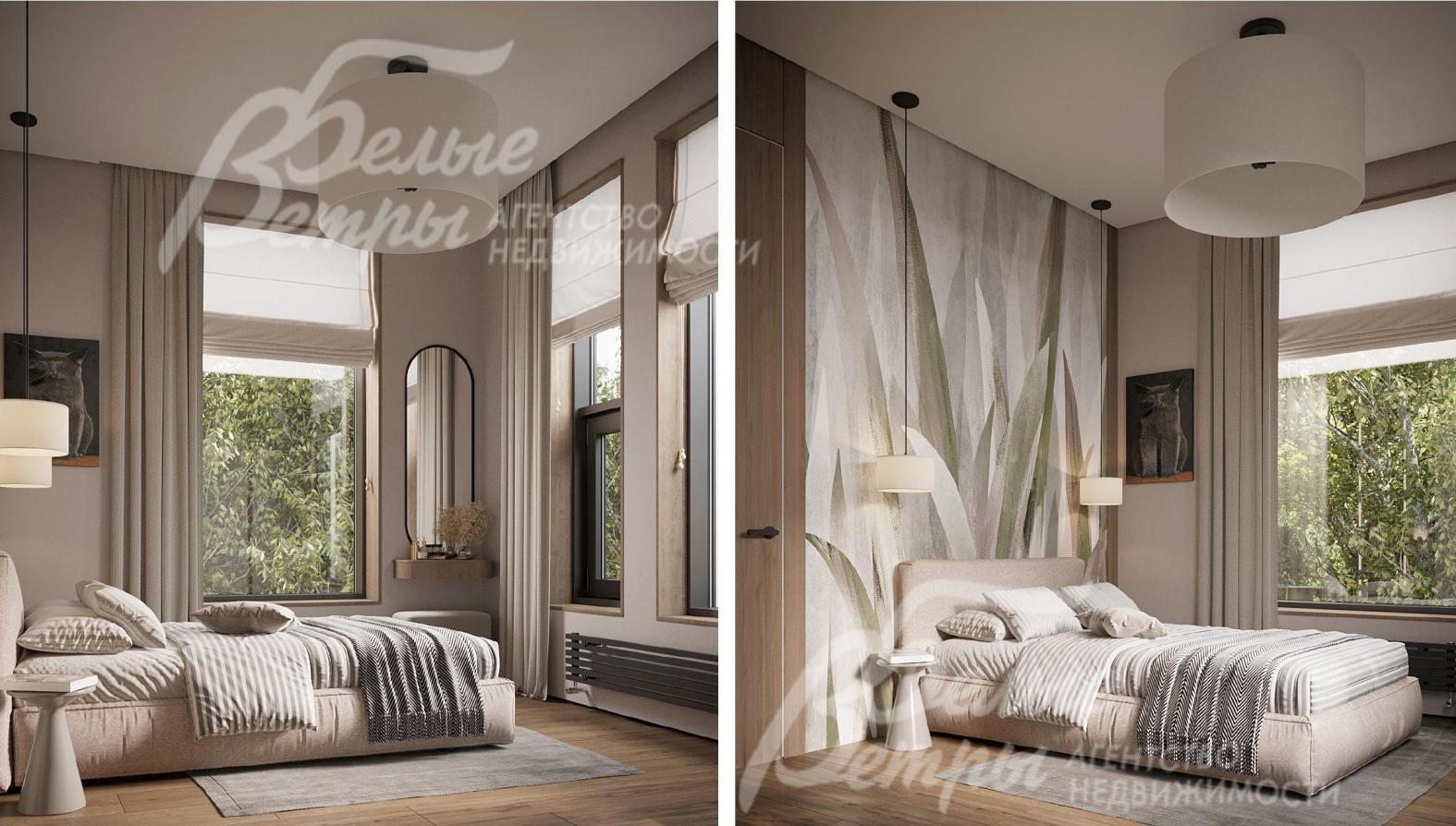 Визуализация дизайн-проекта 1-го этажа: комфортная спальня с большими окнами