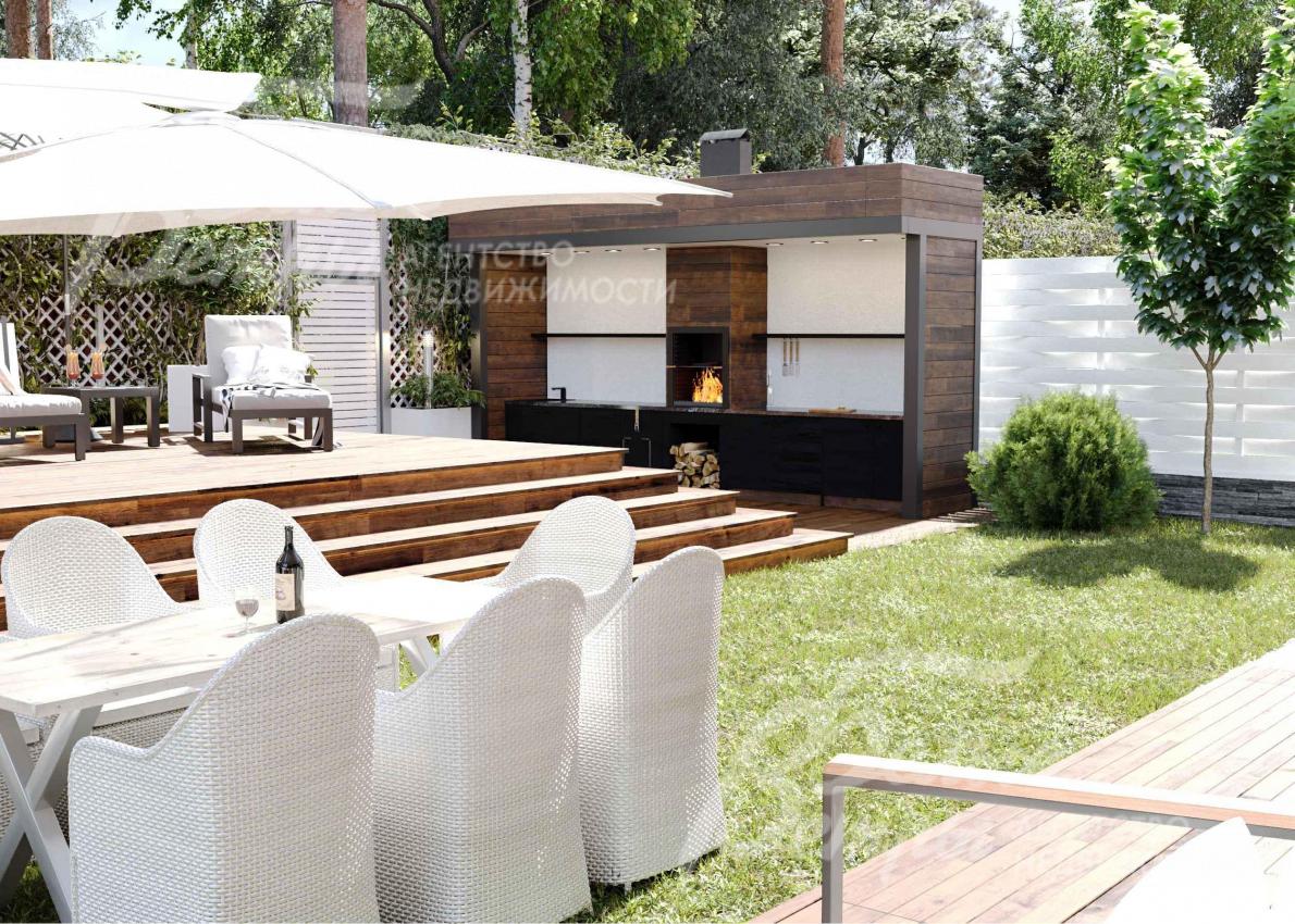 Визуализация: возможное оформления участка с террасой-подиумом и зоной барбекю