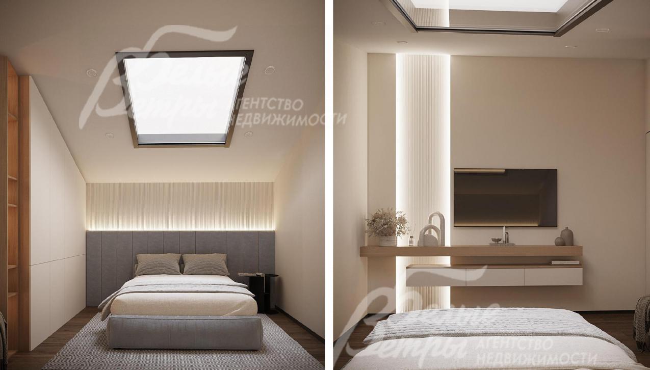 Визуализация дизайн-проекта мансардного этажа: спальня с мансардным окном